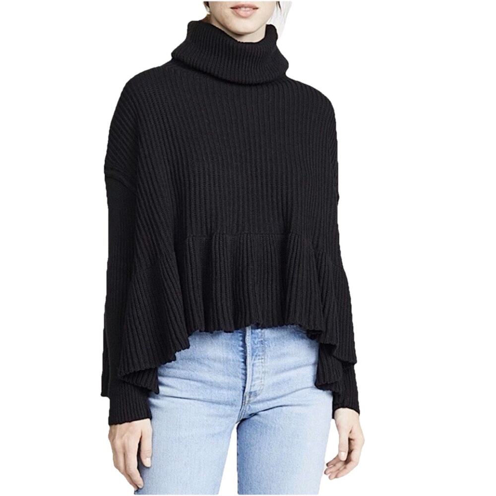 Free People Layer Cake Sweater Turtleneck Ribbed Knit Black Medium M Soft Goth